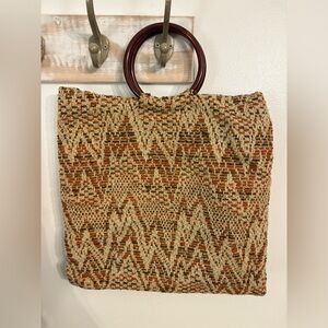 🪴🌾Handcrafted Woven Tote Bag Brown & Tan Aztec Boho Vibe with Circle Hoop Handle